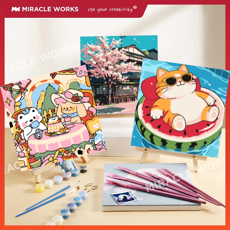 MW ระบายสีตามตัวเลข 20x20ซม มีเฟรม ภาพวาดตกแต่งอะคริลิก ของขวัญ DIY สีอะคริลิค เฟรมวาดรูป Photo Frames Wall Decoration