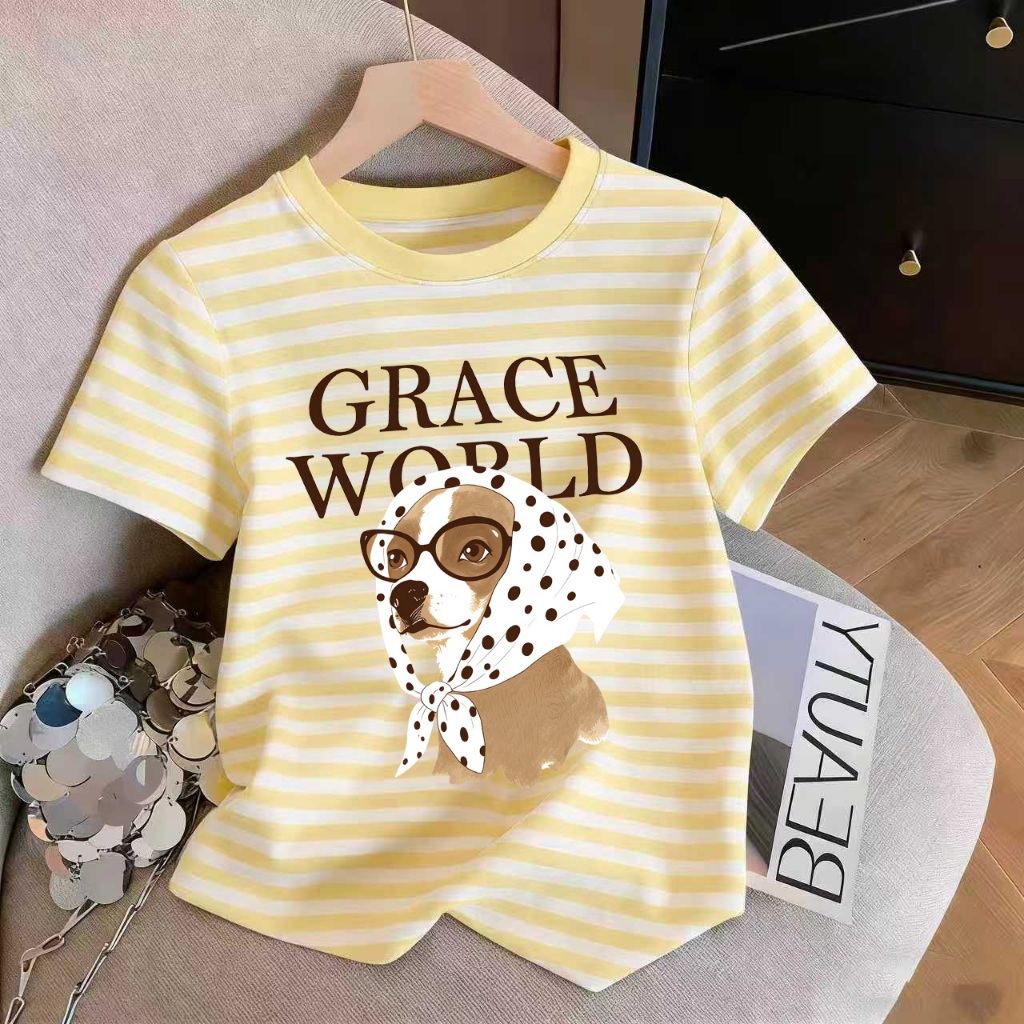เสื้อยืดผู้หญิงคอกลมลายทางสำหรับฤดูร้อน ลายสุนัขน่ารัก มี 11 สีให้เลือก (ไซส์ M-3XL) สไตล์สตรีท