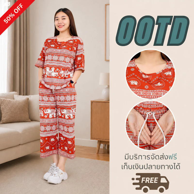 **สินค้ามาใหม่ พร้อมส่ง** ชุดเซ็ท เสื้อคอกลม แขนสั้น แต่งพู่ กางเกงขายาว ทรงขาบาน พิมพ์ลายช้าง ผ้าหนังไก่ c2027#