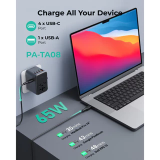 AUKEY หัวแปลงปลั๊กต่างประเทศ Universal Travel Adapter 30-100W มาพร้อม ช่อง USB-C และ USB-A