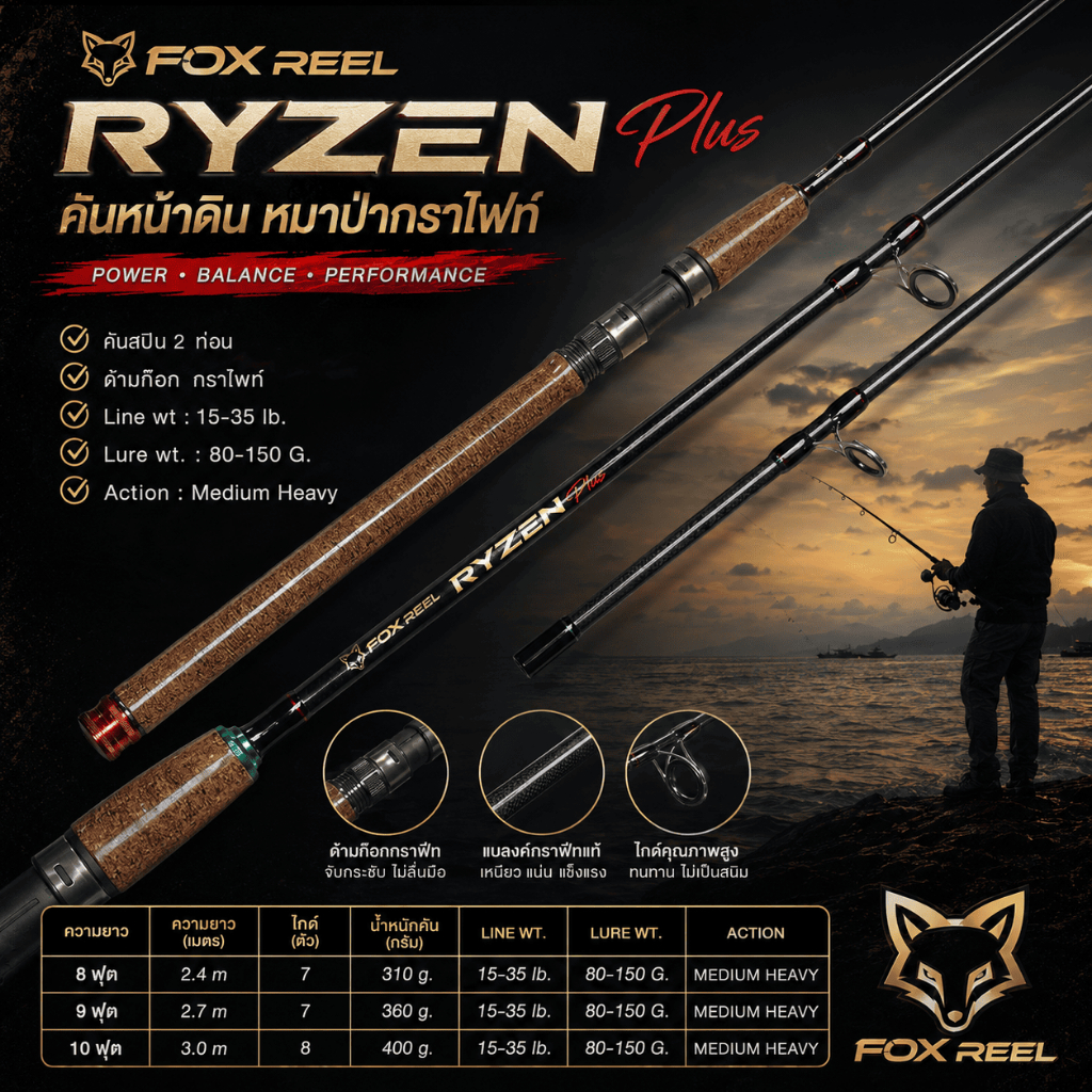 [ ของแท้ ]  คันหน้าดิน หมาป่ากราไฟท์ FOX REEL Ryzen Plus Line wt. 15-35 lb. Lure wt. 80-150 G. Spinning