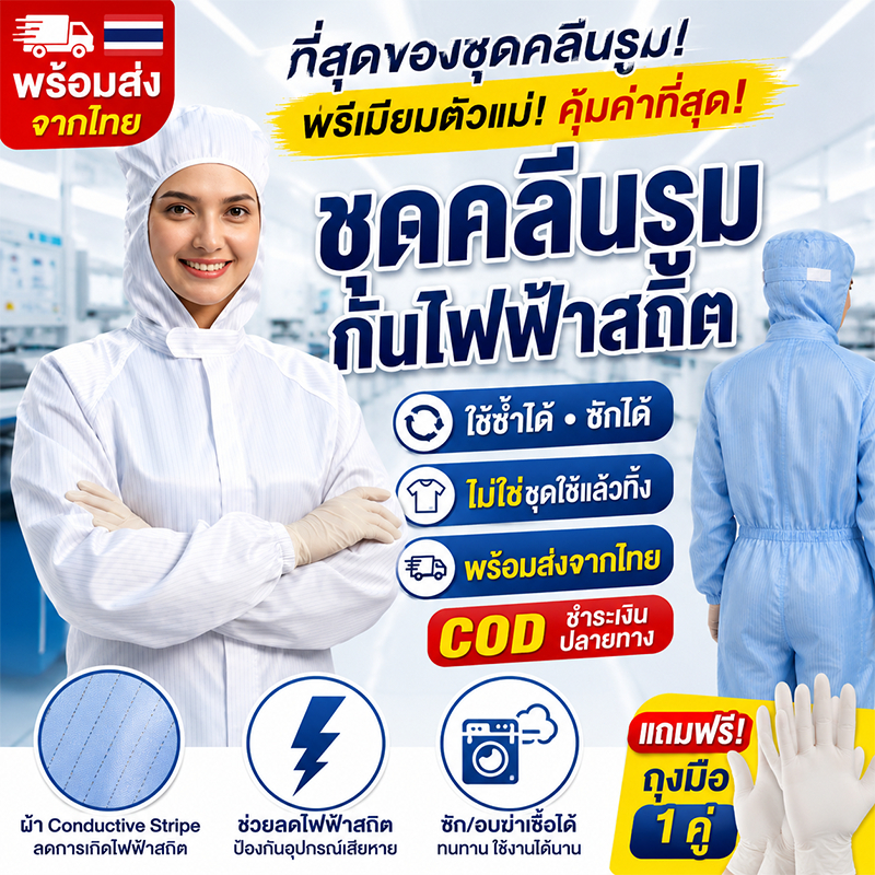 ชุดป้องกันไฟฟ้าสถิต ESD แบบจั๊มสูทมีฮู้ด สำหรับงานอิเล็กทรอนิกส์ โรงงาน ซักได้ ใช้ซ้ำได้ ใส่ได้ทั้งชาย-หญิง ฟรีถุงมือ