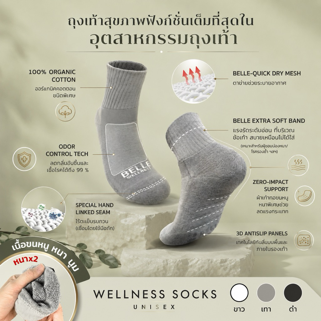 BELLE WELLNESS SOCKS ถุงเท้าสุขภาพไร้ตะเข็บ Handlink Antibacterial Organic Cotton 100%(เหมาะสำหรับผู