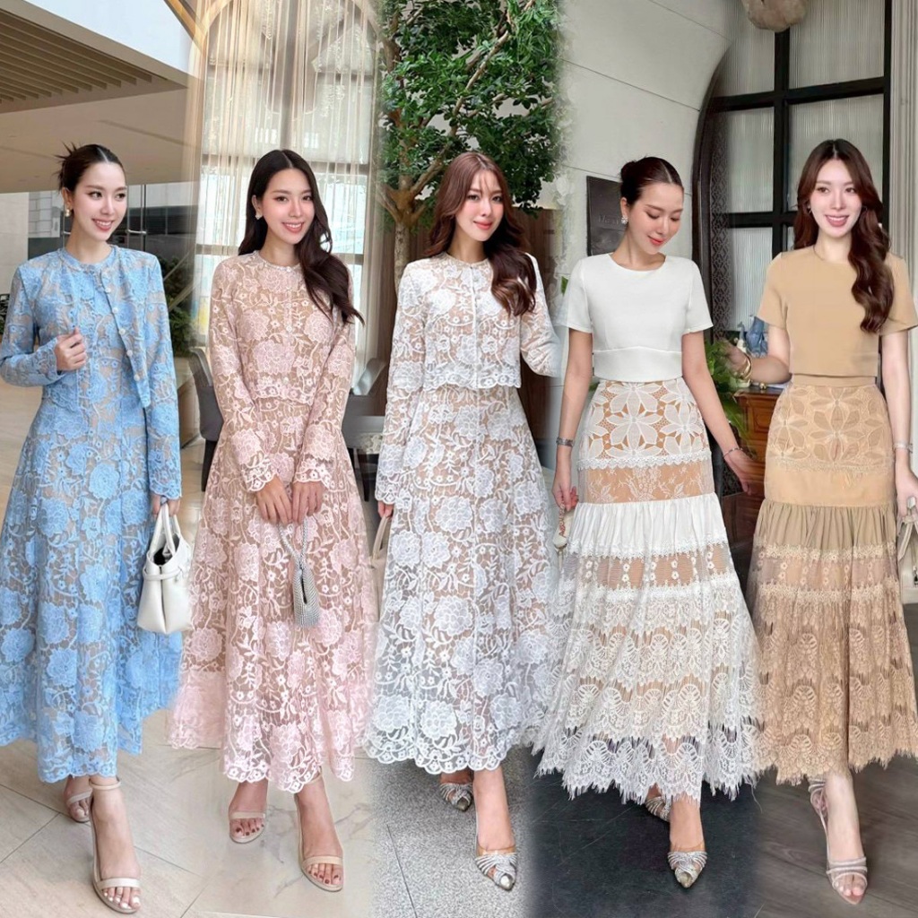 S-XXL ชุดลูกไม้แขนยาว/สั้น สีขาว,ชมพู,ฟ้า,ดำ,น้ำตาล ใส่ทำบุญ ไปงานแต่ง,งานบวช #Abigail