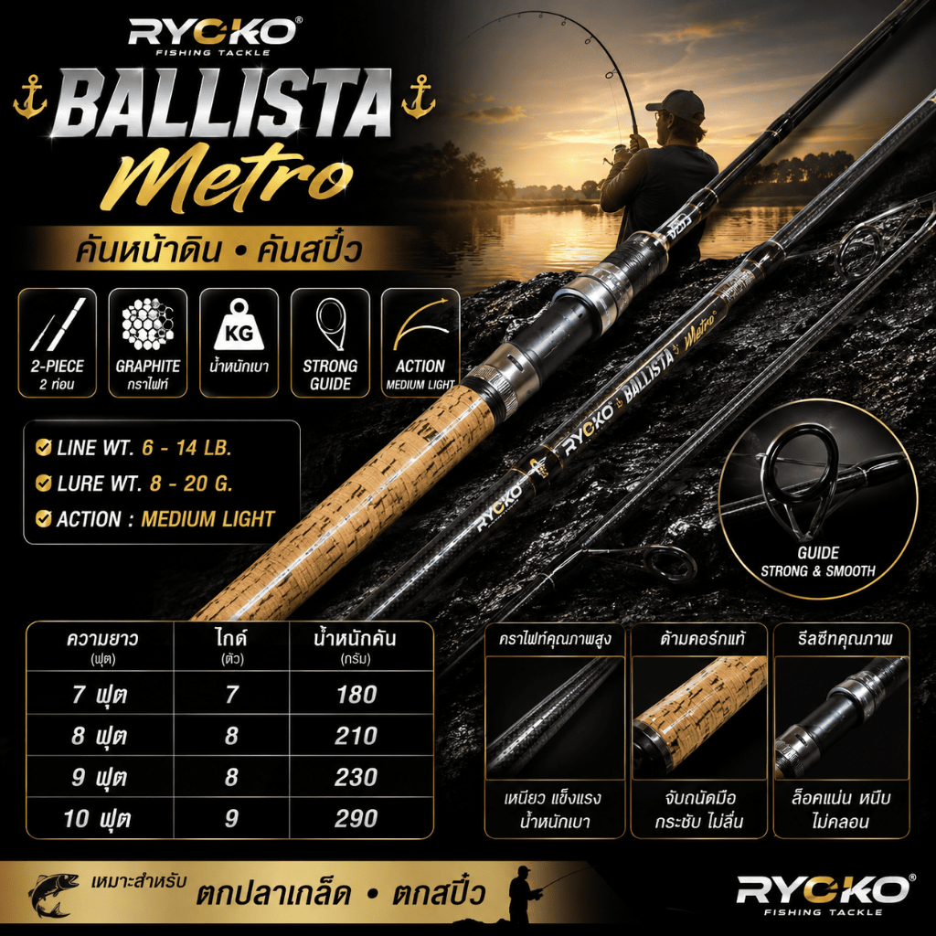 [ ของแท้ ]  คันหน้าดิน คันสปิ๋ว กราไฟท์ RYOKO BALLISTA Metro เมโทร Line wt. 6-14 lb.