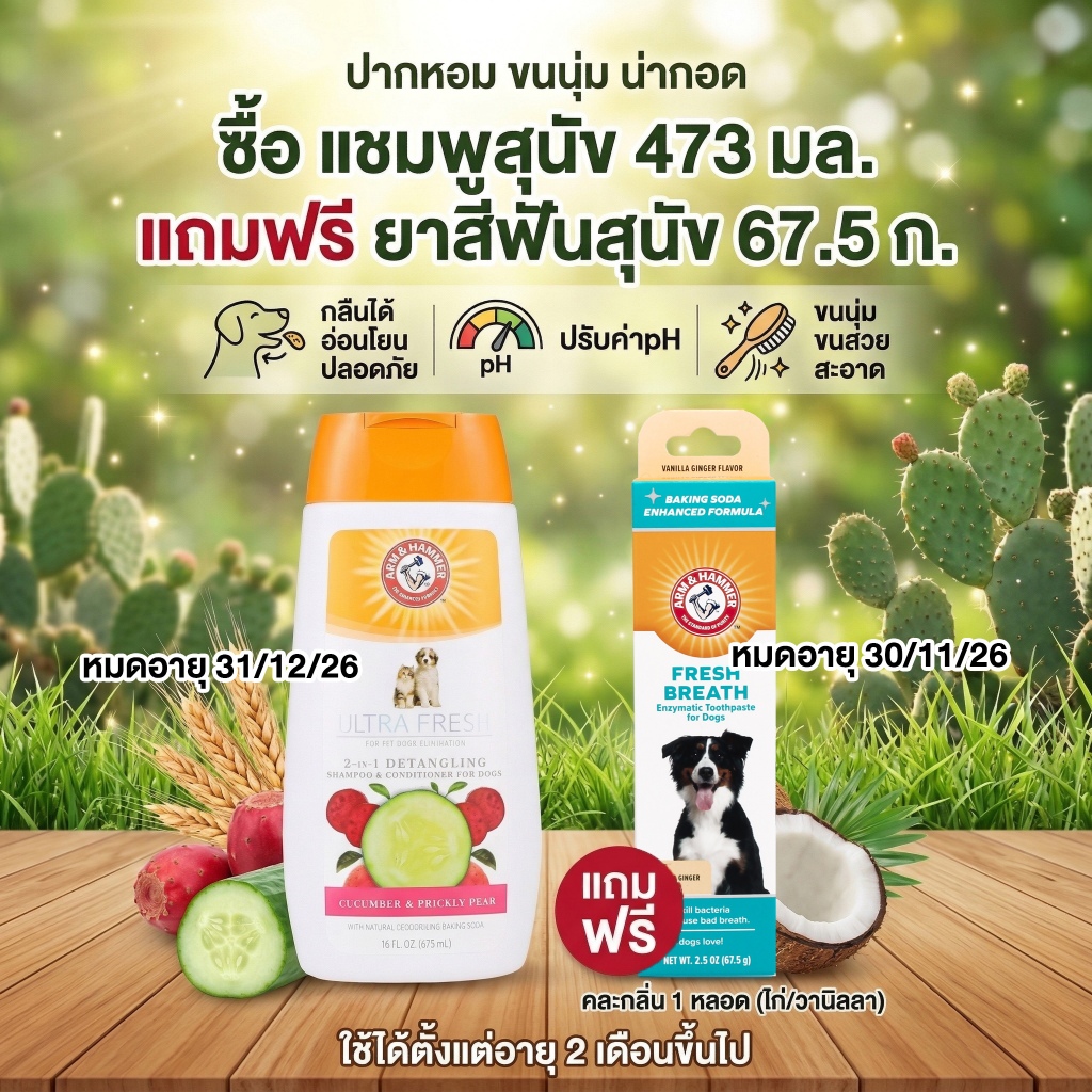 1แถม1 [แบรนด์แท้ USA🇺🇸] หมดอายุ 31/12/26 Arm and Hammer แชมพูครีมนวด สูตรลดขนพันกัน ไม่ชี้ฟู 473มล.