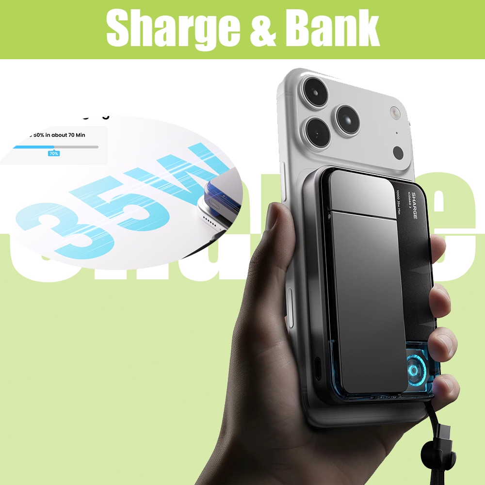 SHARGE ICEMAG 3 Qi 2 25W  10000mAh ธนาคารพลังงานแม่เหล็ก 35W Powerbank ชาร์จได้อย่างรวดเร็วด้วยควา
