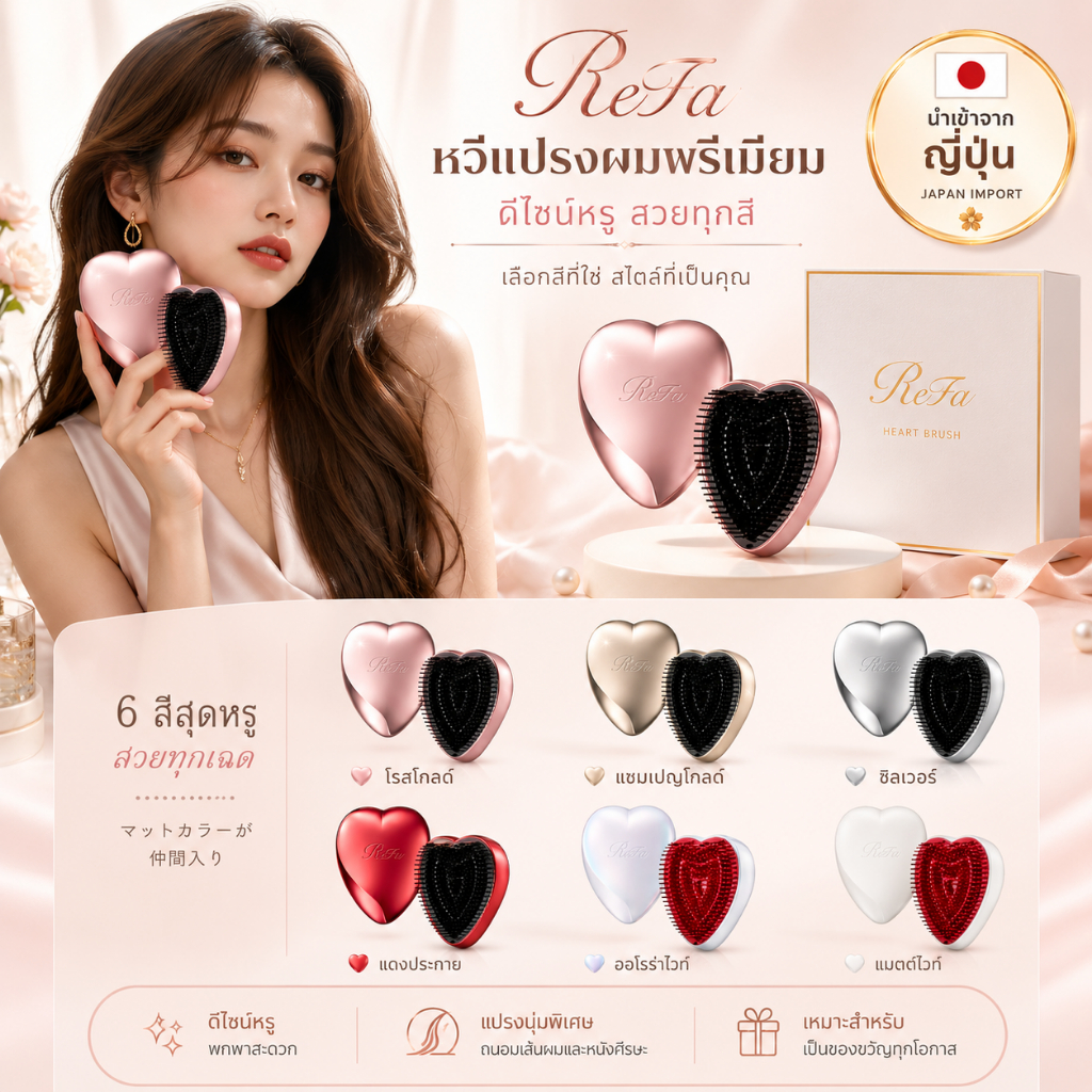 🎀🇯🇵นำเข้าจากญี่ปุ่น ReFa Heart Brush หวีรูปหัวใจ Made in Japan สีสวย 6 สี พกง่าย ใช้ได้ทุกวัน