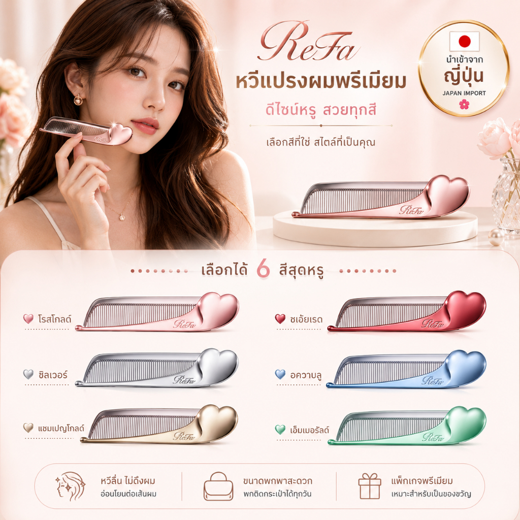 ReFa Heart Comb หวีรูปหัวใจ สีสวยพรีเมียม พกง่าย ใช้จัดผมระหว่างวัน เหมาะเป็นของขวัญ