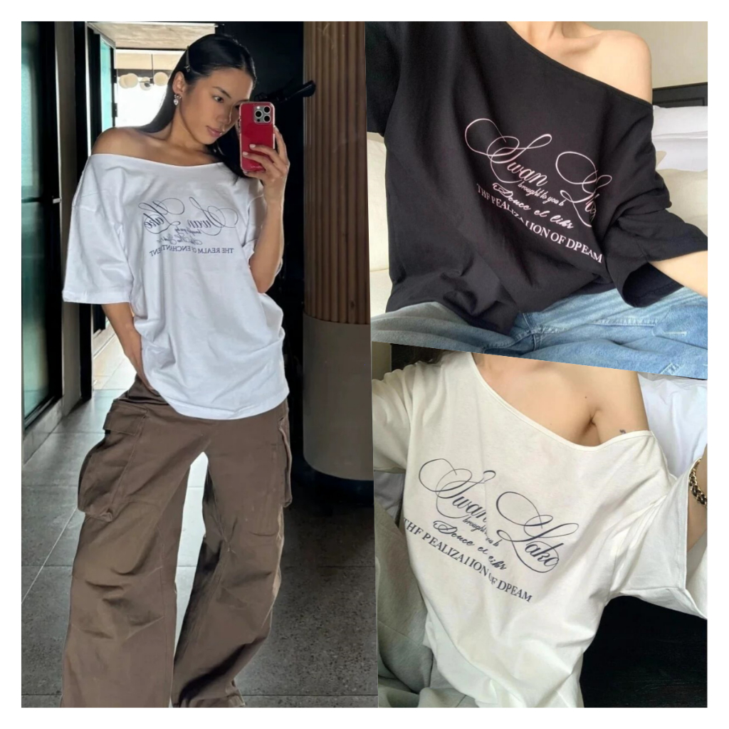 เสื้อยืดสั้นแขน เปิดไหล่ ทรงรัดรูป ทรงลิฟฟิต สไตล์เกาหลี เสื้อคอเฉียง ผู้หญิง สไตล์สาวฮอตอเมริกันย้อนยุค ได้ทุกลุค