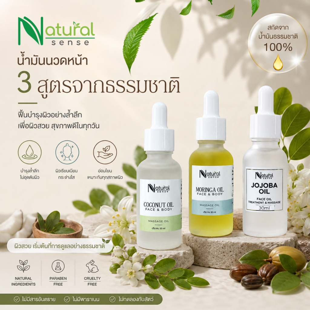 น้ำมันนวดหน้า (30ml.) น้ำมันธรรมชาติ สกัดเย็น ไม่ผสมน้ำหอม ช่วยให้ผิวกระจ่างใส เนียนนุ่ม กระชับ
