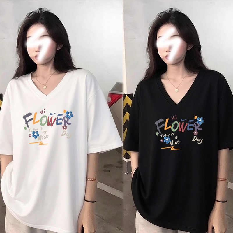 เสื้อยืดคอวีสำหรับผู้หญิง ไซส์ใหญ่ ดีไซน์ทันสมัย ​​ผ้าฝ้ายผสม ทรงหลวม น่ารัก สไตล์สาวหวาน สไตล์เกาหลี ทรงหลวมสบาย พิมพ์ล