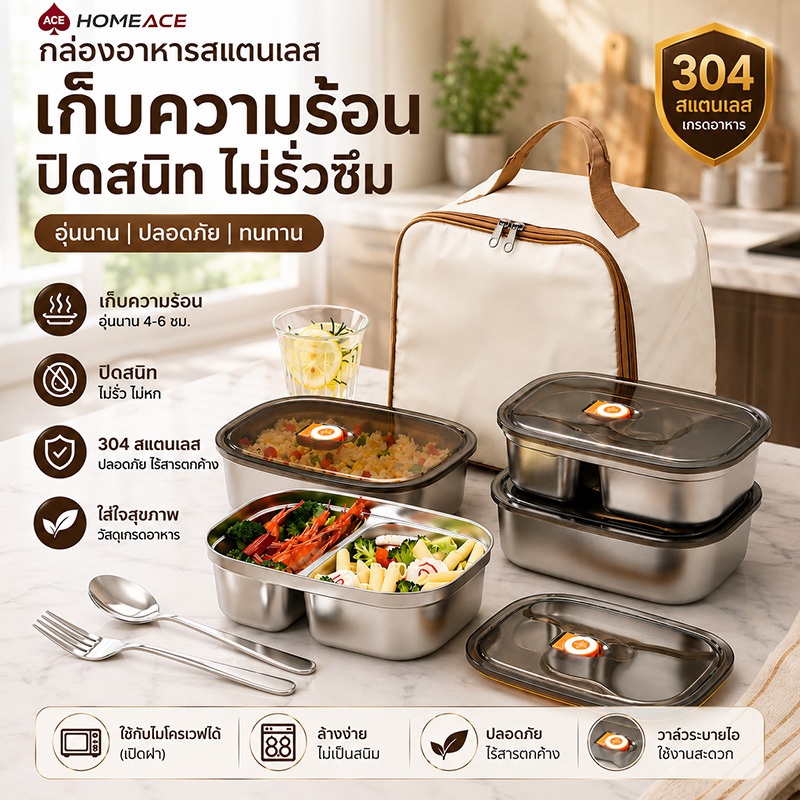 HOME ACE กล่องข้าวสแตนเลส 304 เก็บร้อน พร้อมกระเป๋า แบ่งช่อง กันรั่ว เข้าไมโครเวฟได้ รุ่นฮิตขายดี