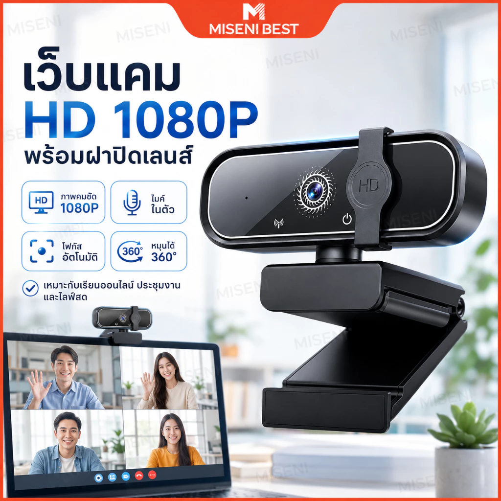 MISENI-กล้องเว็บแคม 1080P FHD มีไมโครโฟนในตัว มุมกว้าง 120° โฟกัสอัตโนมัติ USB 2.0 สำหรับคอมพิวเตอร์ ไลฟ์สด