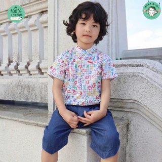 [พร้อมส่ง🇹🇭] เสื้อเด็กชาย คอจีน ลาย ก.เอ๋ย ก.ไก่ [18M-14Y] ชุดไทยเด็ก ผ้า𝘾𝙤𝙩𝙩𝙤𝙣 𝟭𝟬𝟬% เกรดพรีเมียม