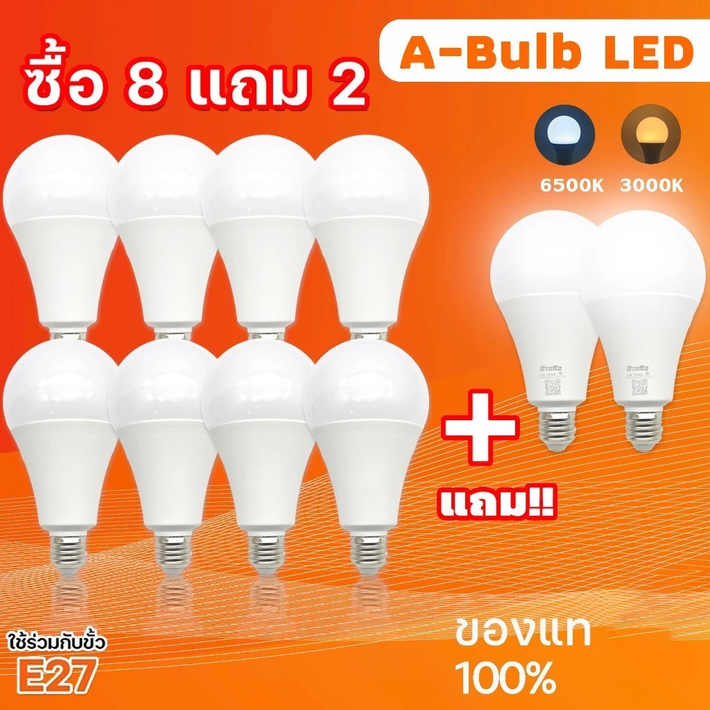 ซื้อ 8 แถม 2 หลอดไฟ LED หลอดไฟบางเฉียบ 220V หลอดประหยัดไฟ 5W 9W 12W 15W 18W 24W หลอดประหยัดไฟ E27 ก้านเกลียว