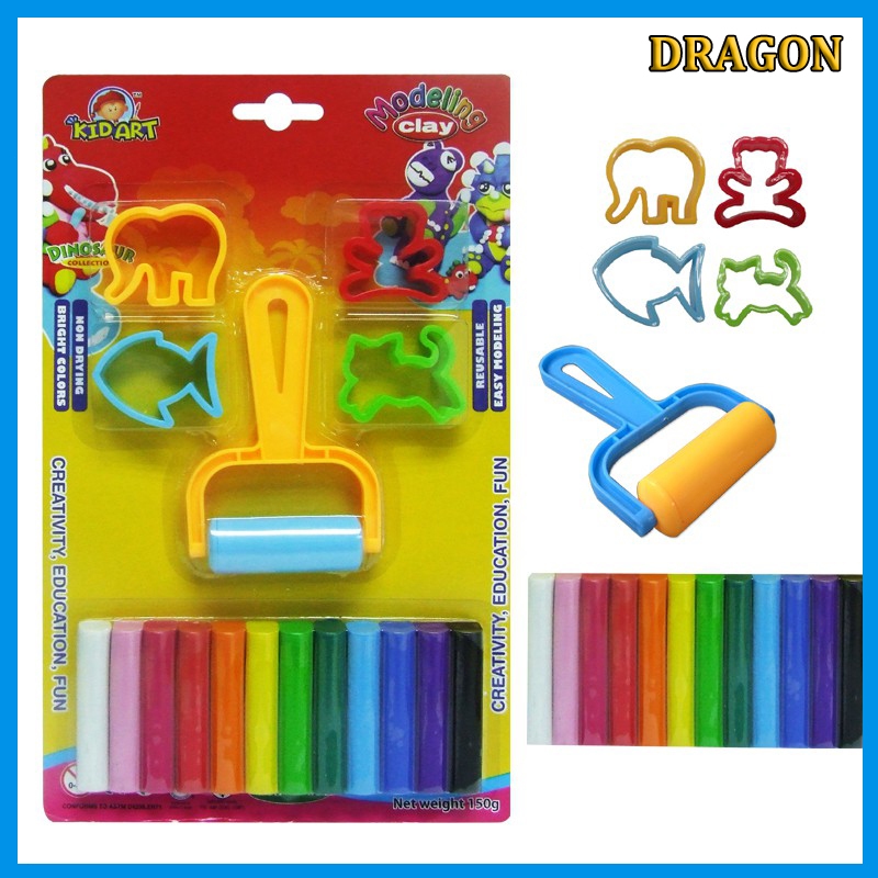 Kidart ดินปั้นสี 12สี 150 กรัม ชุดพร้อมอุปกรณ์ครบ แม่พิมพ์ 4 ชิ้น โรลเลอร์ 1 ชิ้น เนื้อนุ่มละเอียด ปลอดสารพิษ