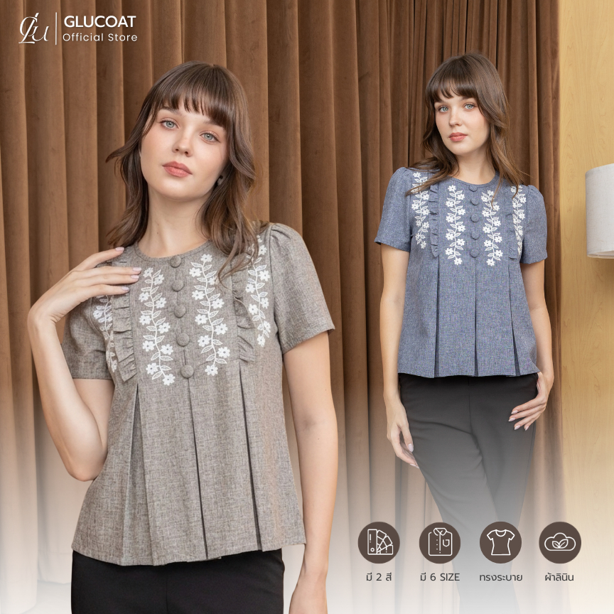 Glucoat | [A399/A239] เสื้อแขนสั้นปักลายดอกไม้ ชายอัดจีบ กระดุมแต่ง ซิปหลังยาว