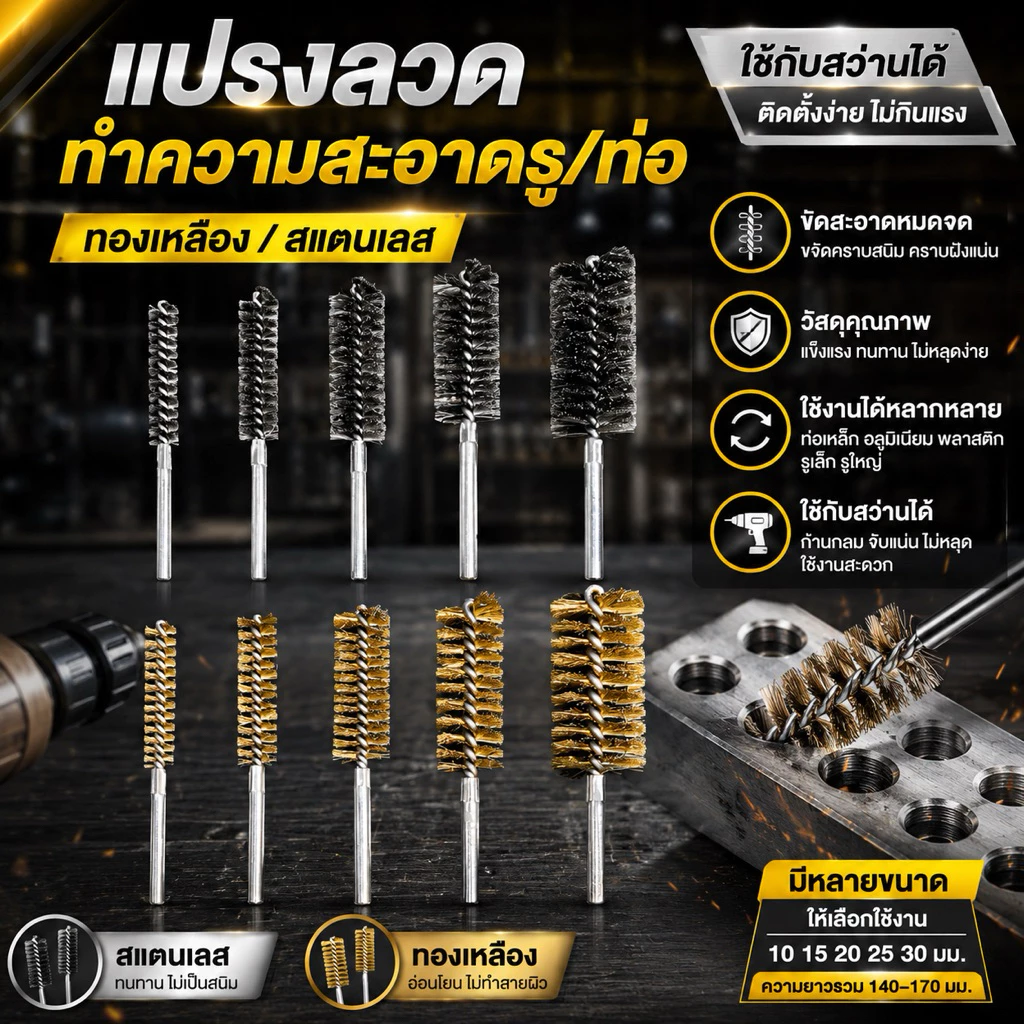 แปรงลวดทำความสะอาดรู/ท่อ สำหรับสว่านไฟฟ้า สแตนเลส/ทองเหลือง แกน 6-8 มม. ขัดสนิม ล้างคราบ ขนาด 10-30 มม.