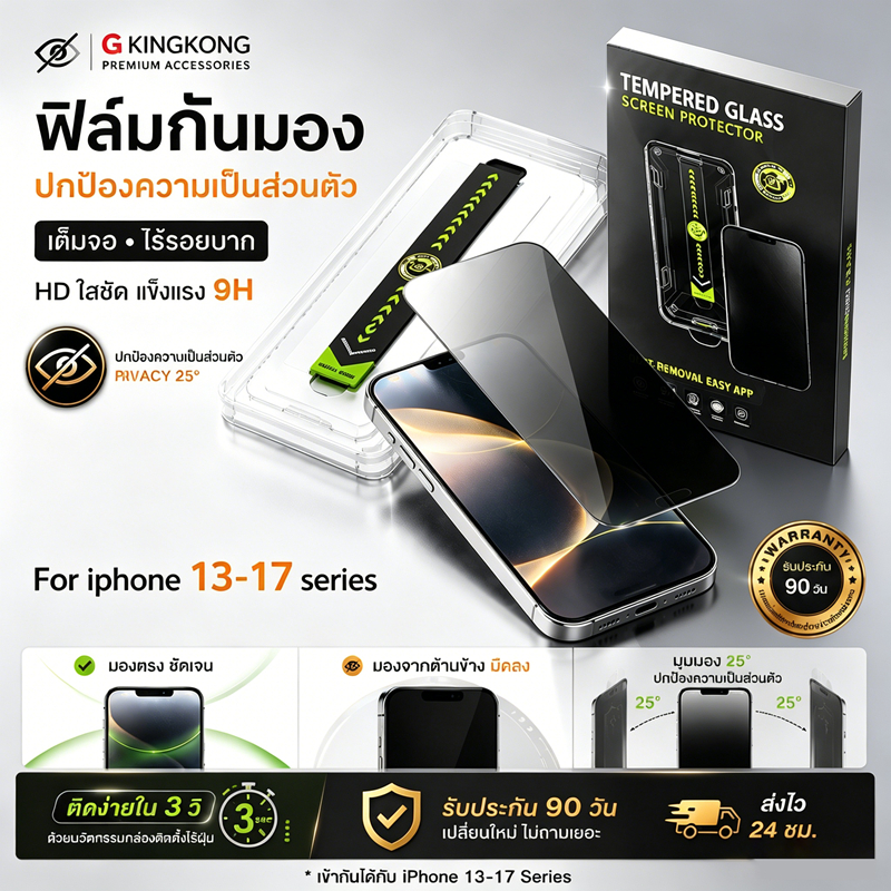 ฟิล์มกันมอง 25° เต็มจอ สำหรับ iPhone 13 14 15 16 17 Pro Max HD ใสชัด 9H กันรอย ติดง่าย ไร้ฟอง รับประกัน90วัน