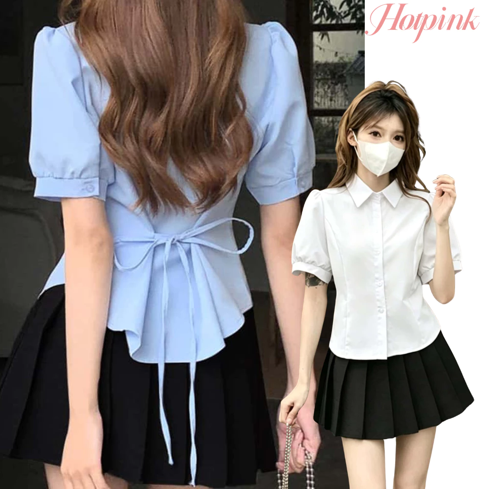 Hotpink ส่งจาก Bangkokเสื้อเชิ้ตแขนพอง สไตล์นักเรียน มีเชือกผูกรอบเอว เสื้อผ้าฤดูร้อนสตรี ดีไซน์น่ารักสไตล์มินิมอล