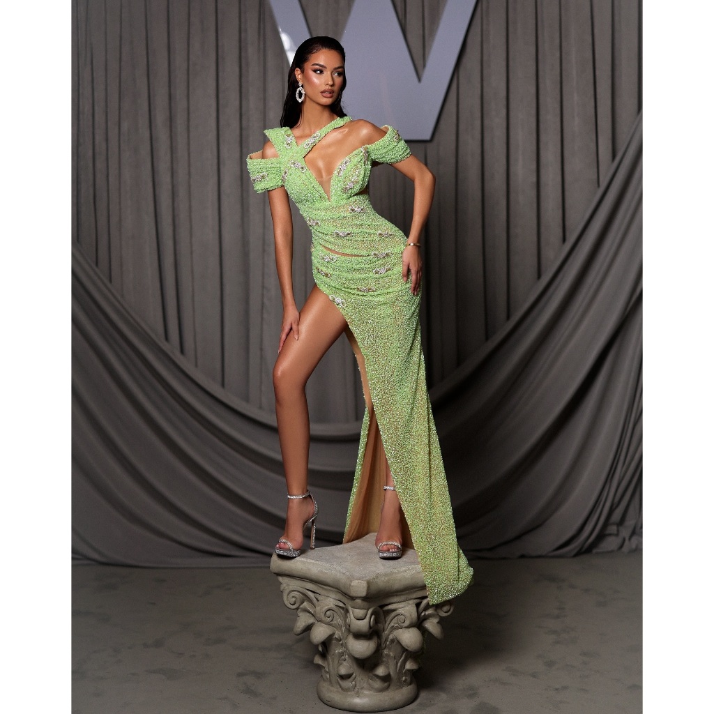 Draped Sequin Maxi Dress Green HV2091