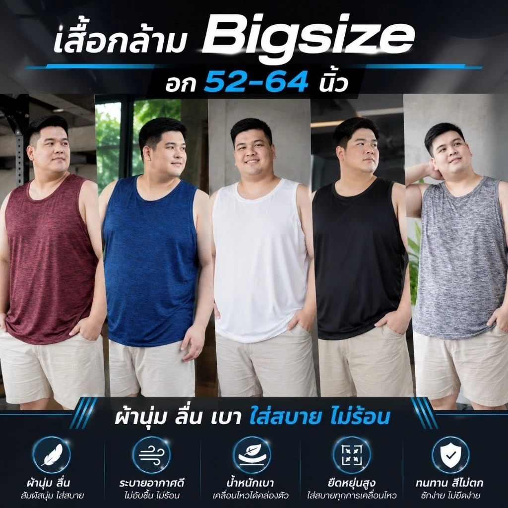 เสื้อกล้ามไซส์ใหญ่ เสื้อคนอ้วน ✅ รหัสโค้ดลดรูปที่2 ✅ ใส่วิ่ง ใส่สบาย ไม่ต้องรีด อก 50-60 นิ้ว
