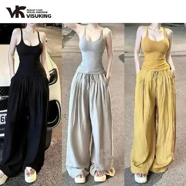 VISUKING ชุดสูทผู้หญิง เสื้อฮอลเตอร์ กางเกงไวด์เลก ขอบเอวสูง ทรงหลวม สไตล์เรียบง่าย ทันสมัย