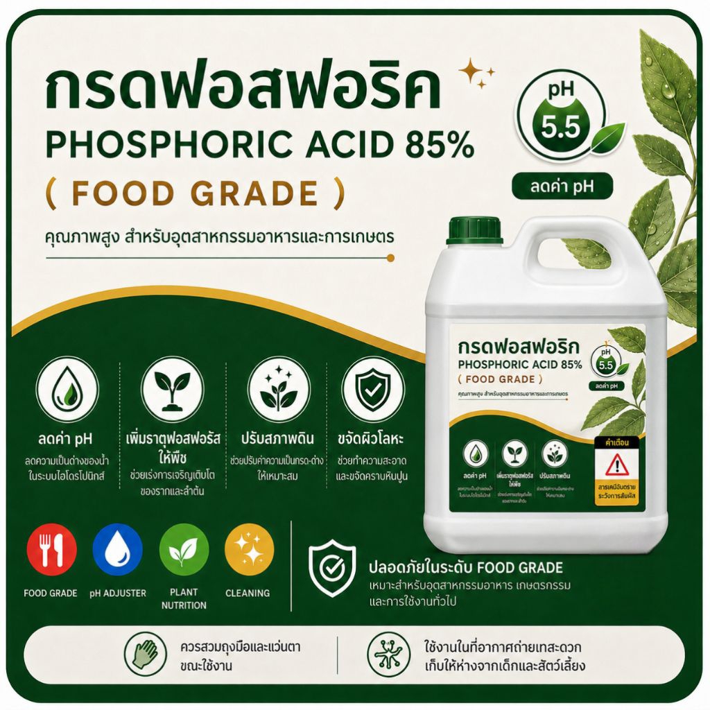 ก รดฟอสฟอริค 85% (Food Grade) ขนาด 1.2 kg | น้ำยาล้างสนิม ขจัดคราบสนิมเหล็ก ล้างผิวโลหะ ปรับค่า pH น้ำไฮโดรโปนิกส์