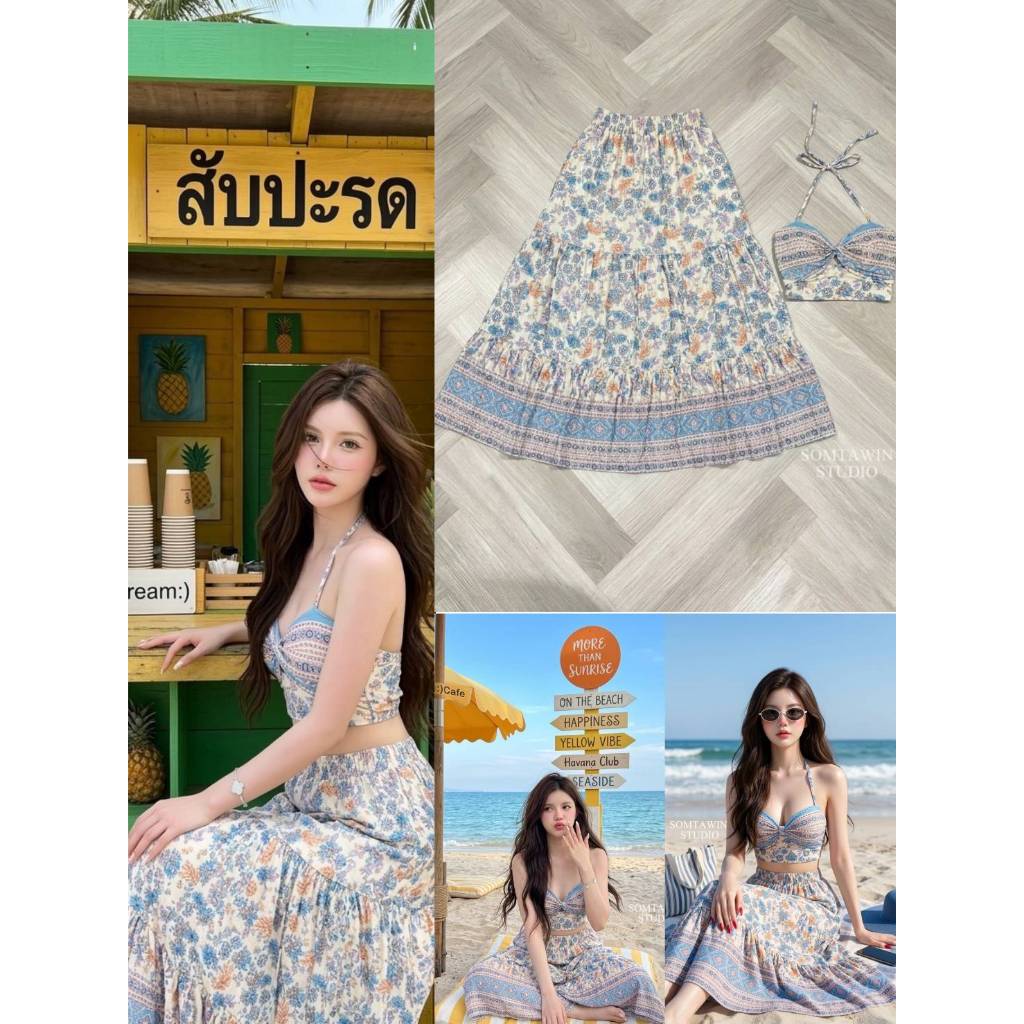 >>SIRINAN STUDIO<< SRN 40997 Set ลายดอกไม้สีฟ้า ปลายผ้าลายสามเหลี่ยม ผ้าพิมพ์ลาย2ชิ้นเสื้อสาย