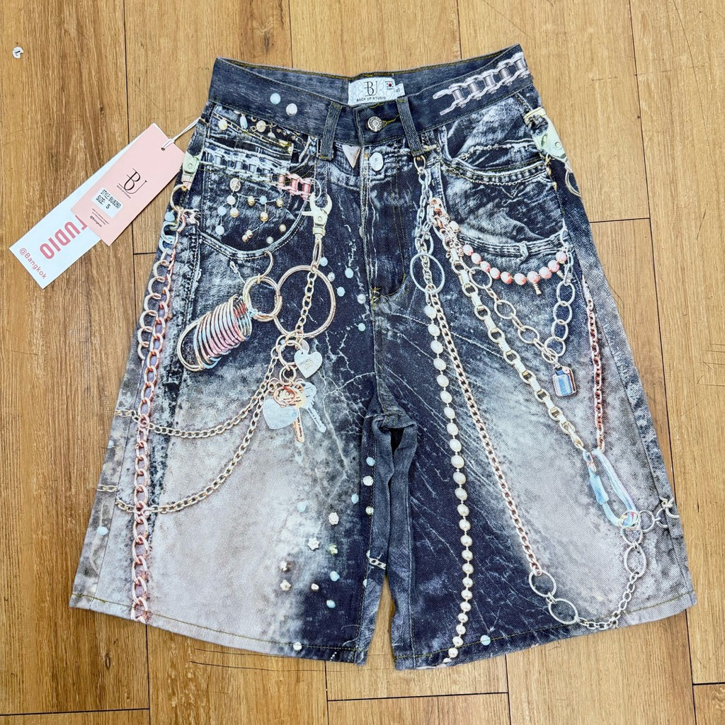 S-4XL BACKUP BU8260 ขาสั้น 5 ส่วน รุ่น CHAIN STORM พายุโซ่ สไตล์วินเทจ ฟอกสีเข้ม-อ่อน พิมพ์ลาย 3D (ผ้าไม่ยืด)