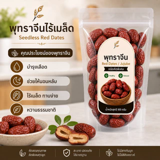 พุทราจีนไร้เมล็ด Red Dates Jujube เกรดพรีเมียม เนื้อหนา ทานง่าย ต้มซุป ชงชา ธรรมชาติ 100g/500g