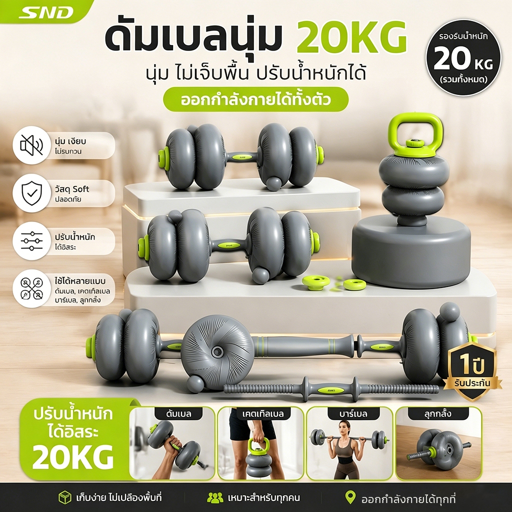SND🔥สดุอ่อนนุ่ม ดัมเบลปรับน้ำหนัก ชุดยกน้ำหนัก ดัมเบลยกน้ำหนัก 20/30/40kg ไม่เจ็บเมื่อตกไม่มีเสียงดังไม่กินพื้นที
