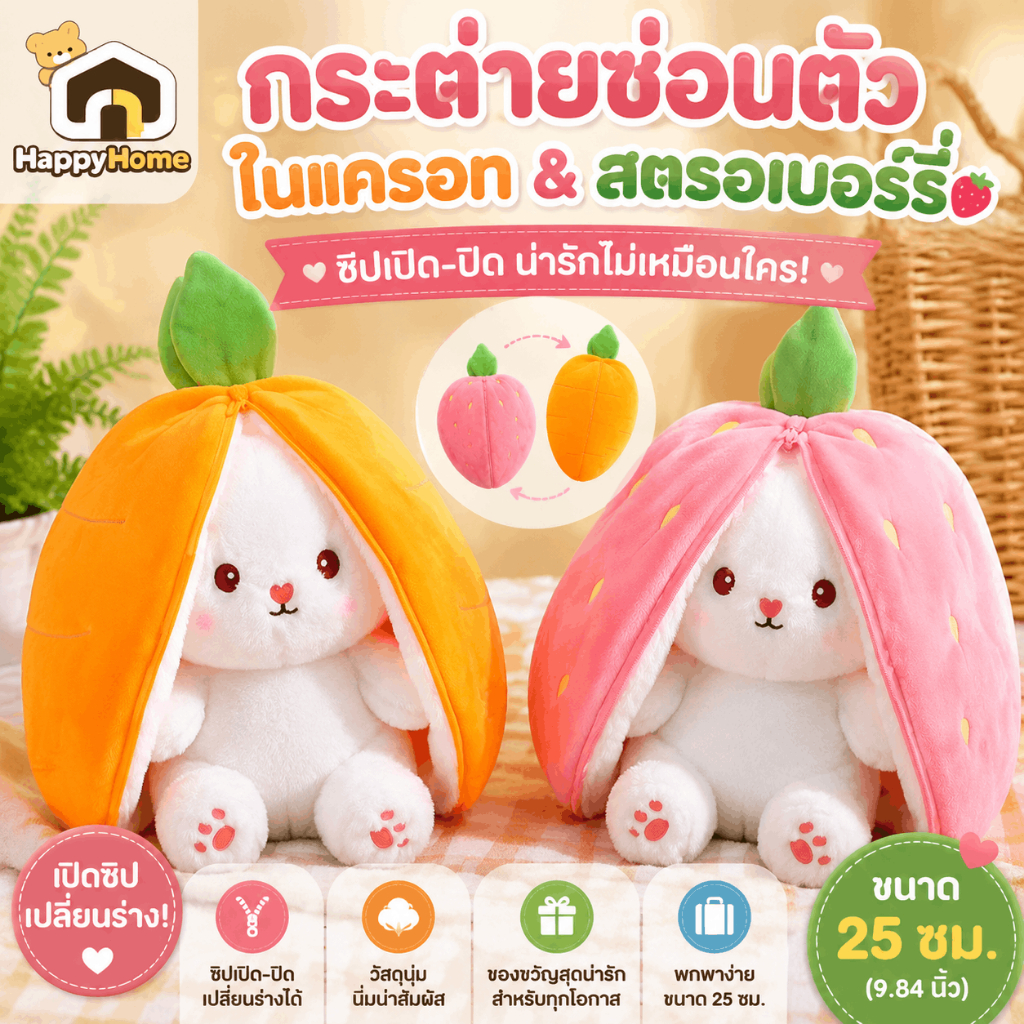 Easter Bunny Plush Reversible แครอทสตรอเบอร์รี่กระต่ายตุ๊กตาของเล่นหมอนกระต่ายซิปของขวัญวันเกิดสําหรับชายหญิงตุ๊กตาเด็ก