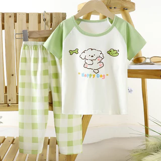 [ชุดเซ็ทเสื้อผ้าเด็ก] เสื้อแขนสั้น+กางเกงขายาว Size80-140 1เดือน-6ปี ผ้าCotton100% ชุดนอน