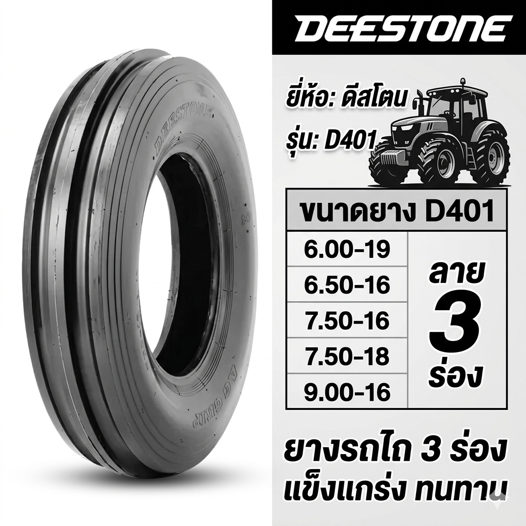 ยางรถไถ ยี่ห้อ DEESTONE รุ่น D401 ลาย 3 ร่อง ขนาด 6.00-19 , 6.50-16 , 7.50-16 , 7.50-18 , 9.00-16