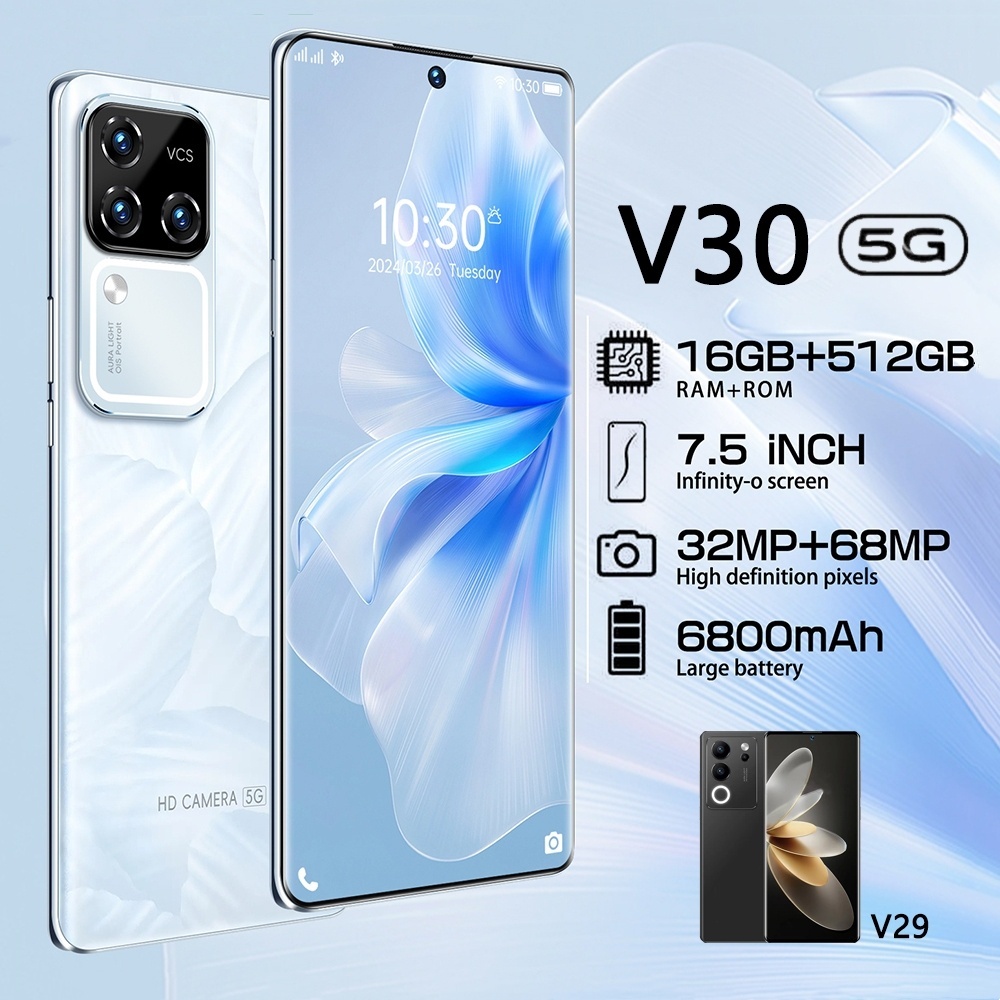 โทรศัพท์มือถือ V30 แรม16GB รอม512GB โทรศัพท์ถูกๆ 7.5นิ้ว HD สมาร์ทโฟนจอใหญ่ รองรับ 2 ซิมการ์ด