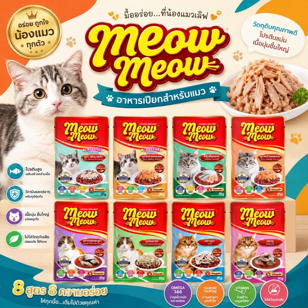อาหารแมวเปียก แบบซอง ( 12 ซอง ) - เหมียวๆ 85ก. Pouch เพาซ์ ( มีแบบคละรส )