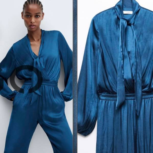 LONG SATIN JUMPSUIT WITH BOW MNG  ชุดเดรส สวยครบ  ผ้าเนื้อนุ่มพลิ้ว ดีไซน์ยาว ขากว้าง ผ้าซาติน ทรงคอวี ผูกโบว์ที่คอ