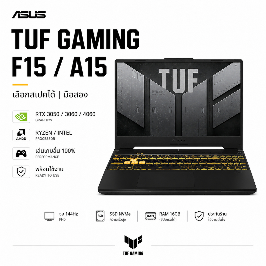 ASUS TUF Gaming  F15 RTX 3050 3060 4050 4060  เลือกสเปคได้  โน้ตบุ๊คเกมมิ่ง มือสอง