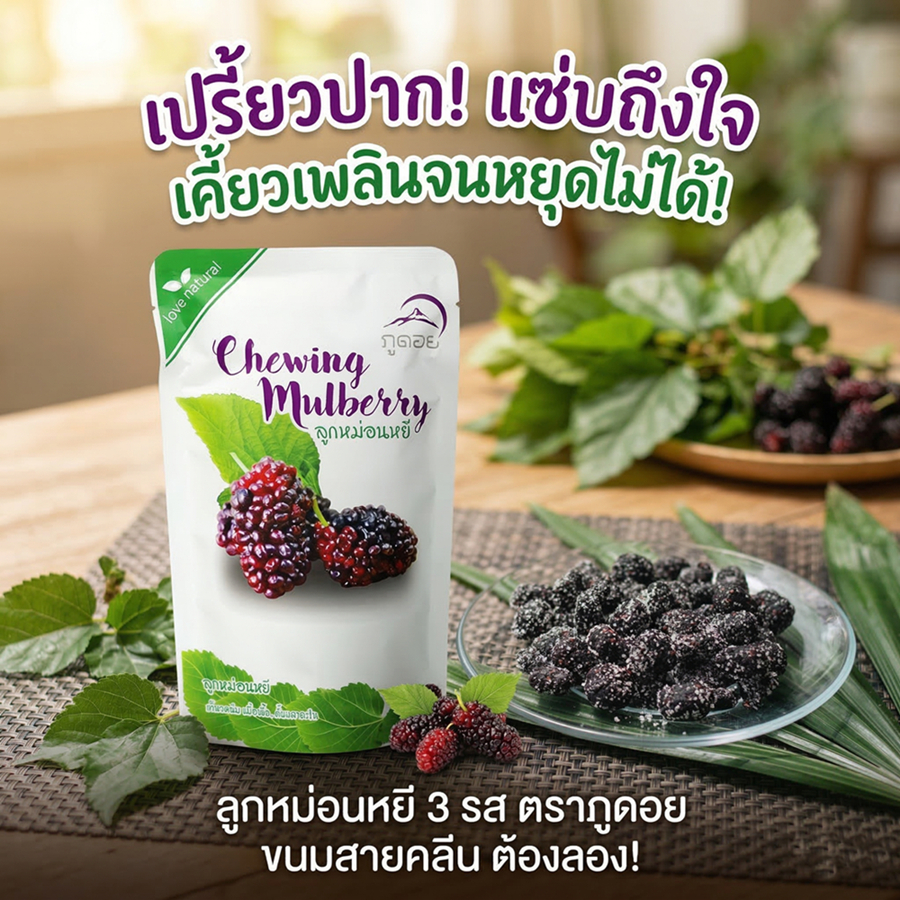 มัลเบอรี่กวน3รส ลูกหม่อนหยี ภูดอย Mulberry Stir-fry ขนาด 50 กรัม(1ซอง) ขนมไม่อ้วน เคี้ยวเพลิน ไขมันต่ำ อร่อยพร้อมส่ง