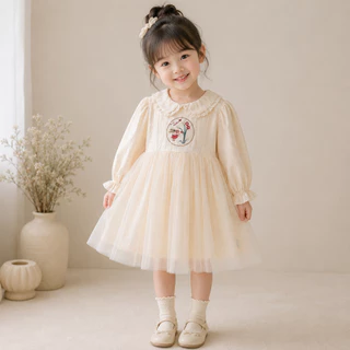 Hania kids พร้อมส่ง เดรสครีมเด็กผู้หญิง ลายปักดอกไม้ ใส่นุ่มสบาย K5135587
