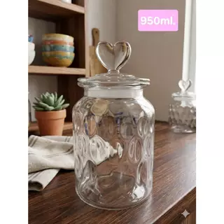 โหลแก้วใสฝาปิด หูจับรูปหัวใจ ดีไซน์หวานๆใช้เก็บของได้ ตกแต่งน่ารัก 650ml./950ml./1,350m.