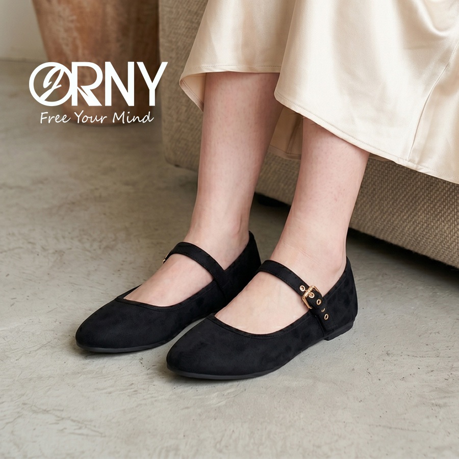 ORNY รองเท้าแมรี่เจน (Mary Jane) OY134 กำมะหยี่ รองเท้าคัทชูผู้หญิง ส้นแบน สายรัดปรับระดับได้