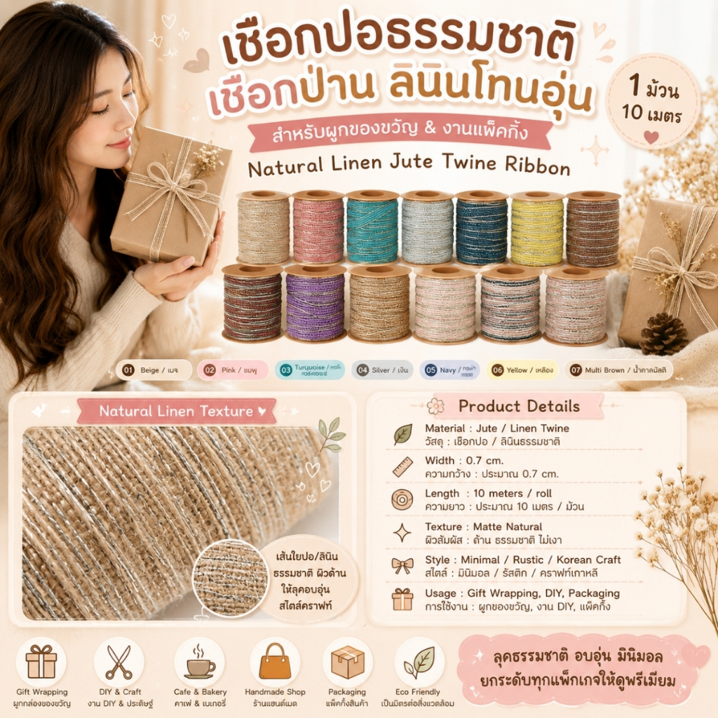 เชือกปอธรรมชาติ เชือกป่าน ลินินโทนอุ่น สำหรับผูกของขวัญ & งานแพ็คกิ้ง Natural Linen Jute Twine Ribbon