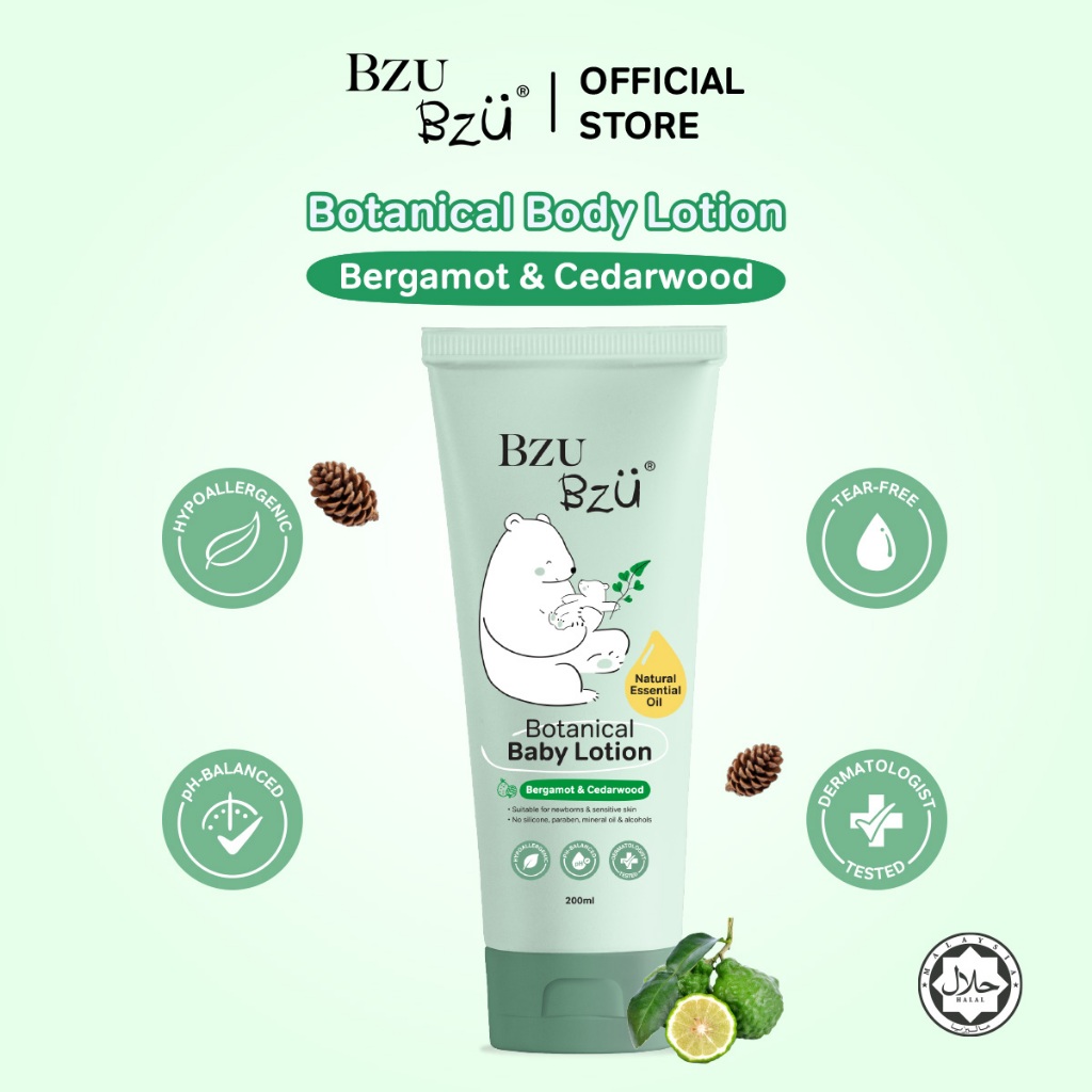 BZU BZU BOTANICAL Baby Lotion BERGAMOT & CEDARWOOD - 200ml บีซู บีซู โลชั่นบำรุงผิวเด็กแรกเกิด ไม่ทิ้งความเหนียวเหนอะหนะ
