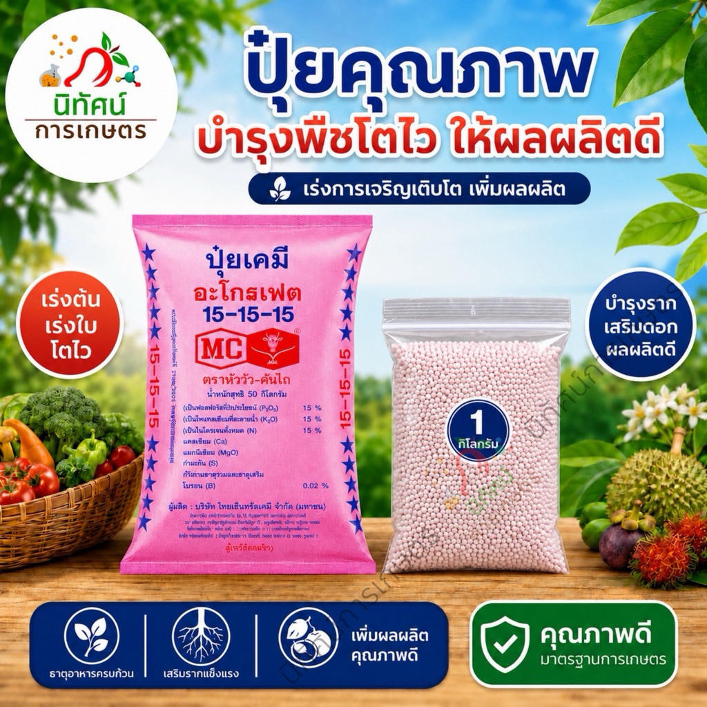 ปุ๋ยสูตร 15-15-15 ตราหัววัว-คันไถ ปริมาณ 1 กิโลกรัม