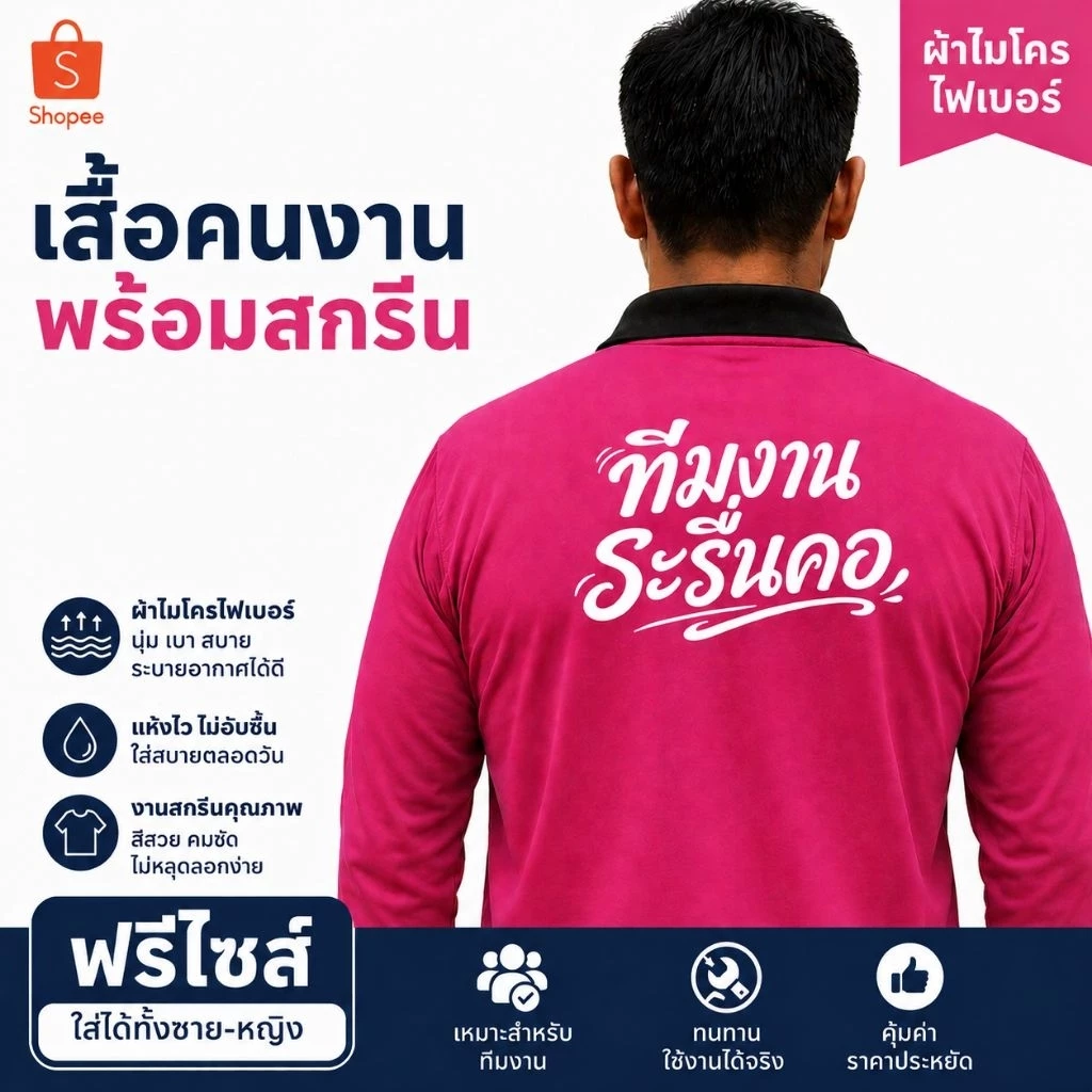 เสื้อคนงาน เสื้อปุ๋ยแขนยาว คอปก ผ้าไมโครใส่สบาย ฟรีไซส์ สกรีน ทีมงานระรื่นคอ