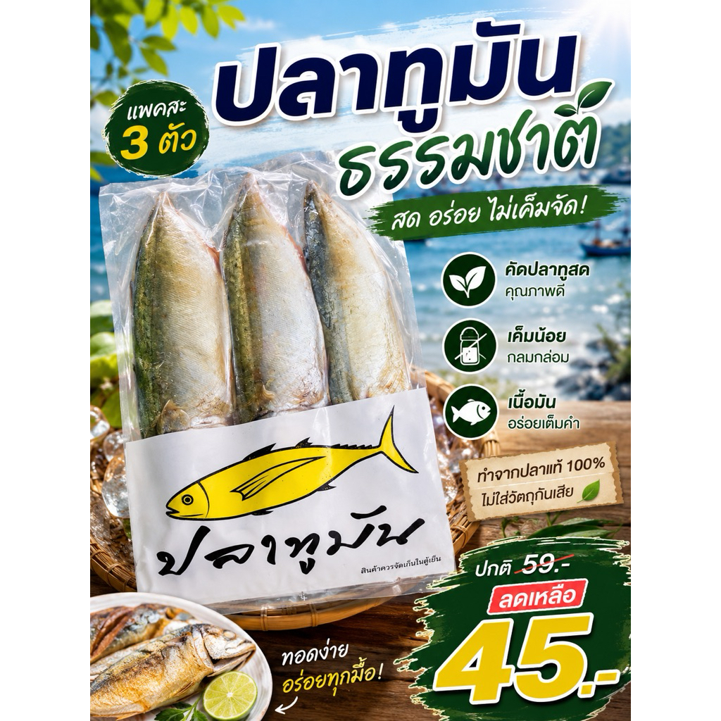 ปลาทูมัน เค็มน้อย เนื้อแน่น ไม่เละ ทอดหอมอร่อย แพ็ค 3 ตัว