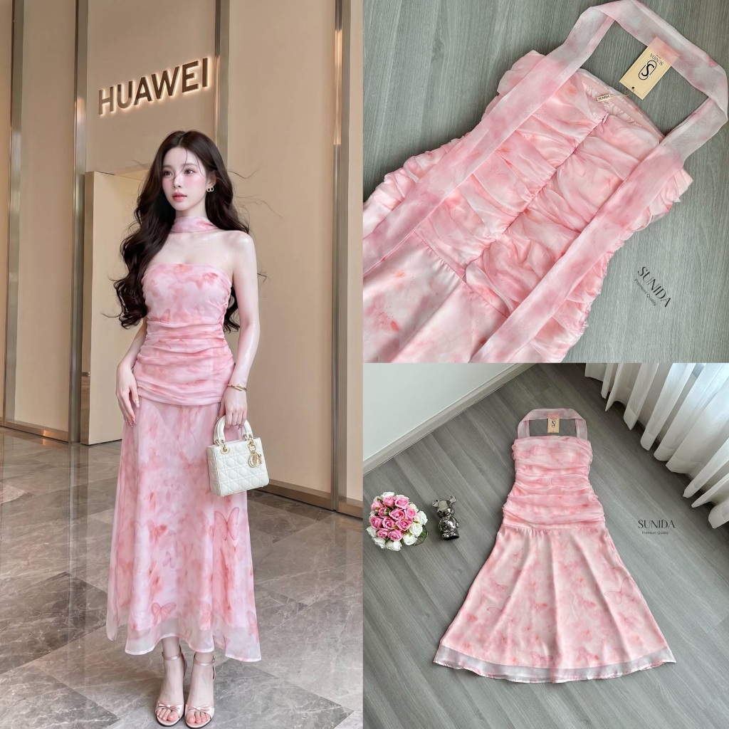 SUNIDA Dressเกาะอกยาวผ้าลายผีเสื้อพาสเทลสีชมพู+ผ้าพันคอ